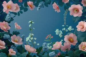 Pink Flowers and Blue-Green Foliage Surrounding a Teal Background photo