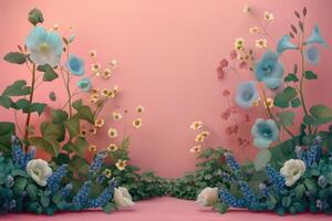 A pastel pink wall framed by blooming blue and white flowers photo