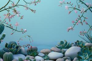 Pink Flowers and Succulents on a Blue Background photo