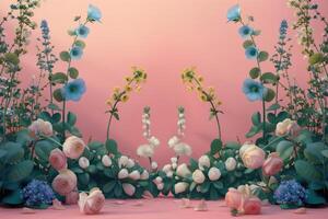 Symmetrical Floral Arrangement with Pink Roses, Blue Flowers, and Green Foliage photo