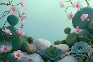 Pink Flowers and Succulents on a Green Cactus and Rocks photo