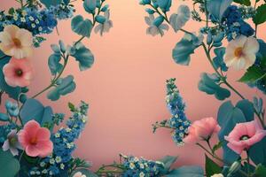 Floral Frame with Pink and White Flowers and Teal Leaves photo