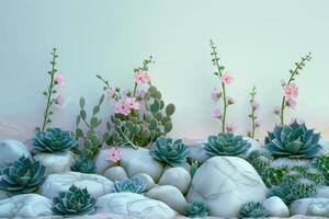 Succulents, Cactus, and Pink Flowers on a Stone Background photo