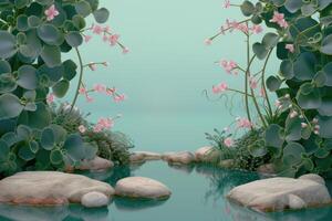 Pink Flowers Framing a Tranquil Pond with Rocks photo