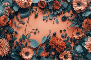 Orange and Teal Floral Frame with a Coral Background photo