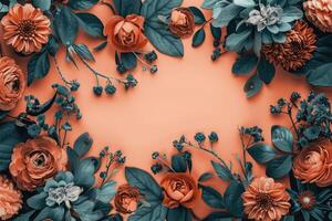 A Frame of Teal Leaves and Peach Blossoms photo
