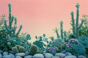 A Vibrant Arrangement of Succulents and Cacti with Pink Flowers Against a Pale Pink Background photo