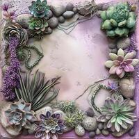 Succulent and Stone Arrangement on a Pink Background photo