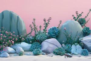 Succulents and Flowers Arranged on Rocks and Sand photo