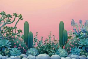 Desert Landscape with Succulents and Cacti against a Pink Background photo
