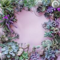 Pink Background Surrounded by Succulents and Greenery photo