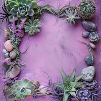 Purple Background with Succulents, Cactus, and Stones photo