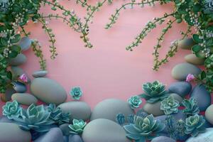 Pink Background with Greenery and Smooth Stones photo