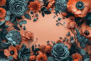 Teal and Peach Flower Arrangement on a Coral Background photo