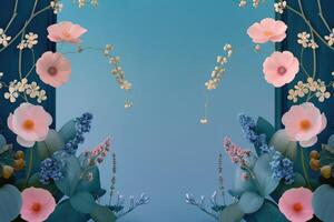 Floral Arrangement with Pink Flowers and Teal Background photo