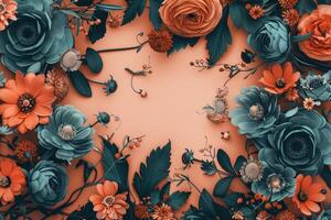 Teal and Orange Flowers with Green Leaves on Peach Background photo