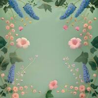 Floral Border with Delicate Pink and Blue Flowers on Green Background photo