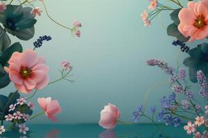 Floral Arrangement with Pink and Blue Flowers on Teal Background photo