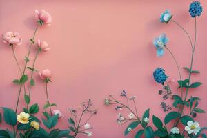 Pink and Blue Flowers on a Pastel Pink Background photo