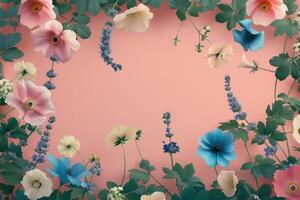 Pink, White, and Blue Flowers with Green Leaves on a Peach Background photo