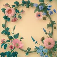 Floral Wreath with Pink and Blue Flowers on a Yellow Background photo