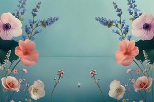 Delicate Pink and Blue Flowers Arranged Symmetrically on a Turquoise Background photo