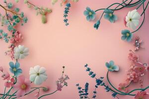 Delicate Pink and Blue Flowers Arranged on a Peach Background photo