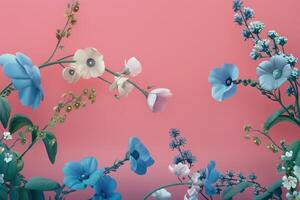 Blue and White Flowers with Green Leaves on a Pink Background photo