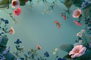 A Pastel Floral Arrangement with Green Foliage on a Turquoise Background photo