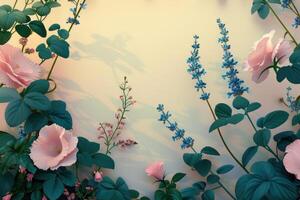 A Floral Arrangement of Pink and Blue Flowers with Green Leaves on a Cream Background photo