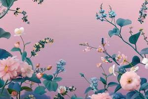 A Delicate Arrangement of Flowers and Leaves on a Pink Background photo