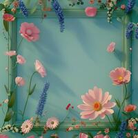 Floral Arrangement within a Green Frame on a Teal Background photo