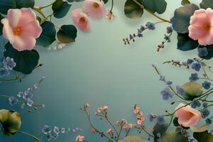 Floral Frame with Pink and Blue Flowers on a Green Background photo