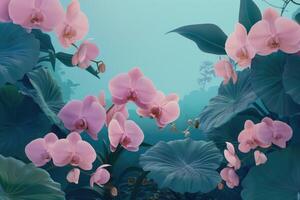 Pink Orchids and Lush Green Leaves Against a Teal Background photo