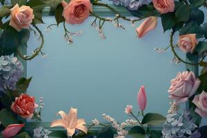 Floral Frame with Roses, Lilies, and Hydrangeas on a Blue Background photo