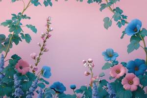 Pastel Pink and Blue Flowers with Teal Leaves on Pink Background photo