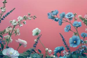 White and Blue Flowers on a Pink Background photo