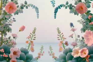 Delicate Pink Flowers and Eucalyptus Leaves Create a Floral Frame photo