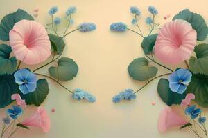 Pastel Pink and Blue Flowers with Green Leaves on a Cream Background photo