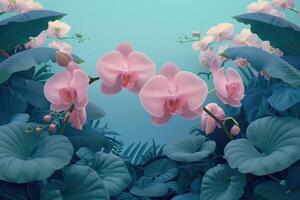 Pink Orchid Flowers in Lush Green Foliage Against a Turquoise Background photo