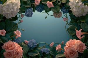 Floral Frame with Pink and Blue Flowers on Teal Background photo
