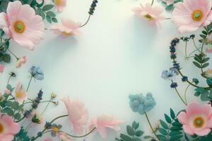 Pink and Blue Flowers with Green Leaves Arranged Around a White Center photo