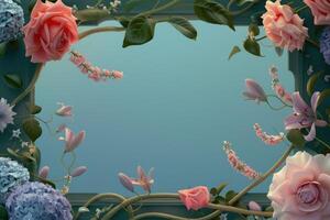 Floral Frame with Pink Roses, Lilies, and Hydrangeas photo
