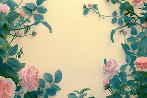 Pink Roses and Green Leaves Around a Beige Background photo
