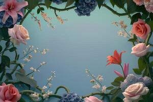 A Floral Frame of Pink and Blue Flowers Surrounding a Light Blue Background photo