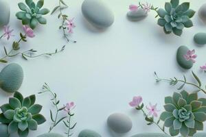 Green Succulents and Pink Flowers Arranged Around a White Background photo