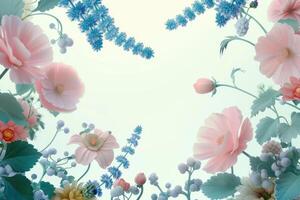 Pastel Pink Flowers and Blue Foliage Framing a White Background photo