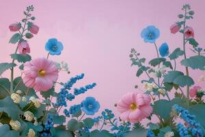 Pink and Blue Flowers in a Garden Setting with a Pastel Pink Background photo