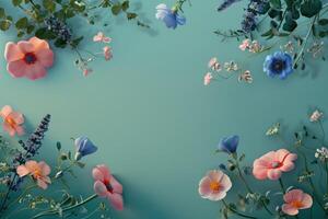 Floral Frame with Pink and Blue Flowers on a Teal Background photo