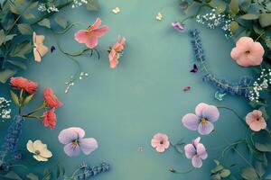 Delicate Floral Arrangement with Butterflies on a Teal Background photo